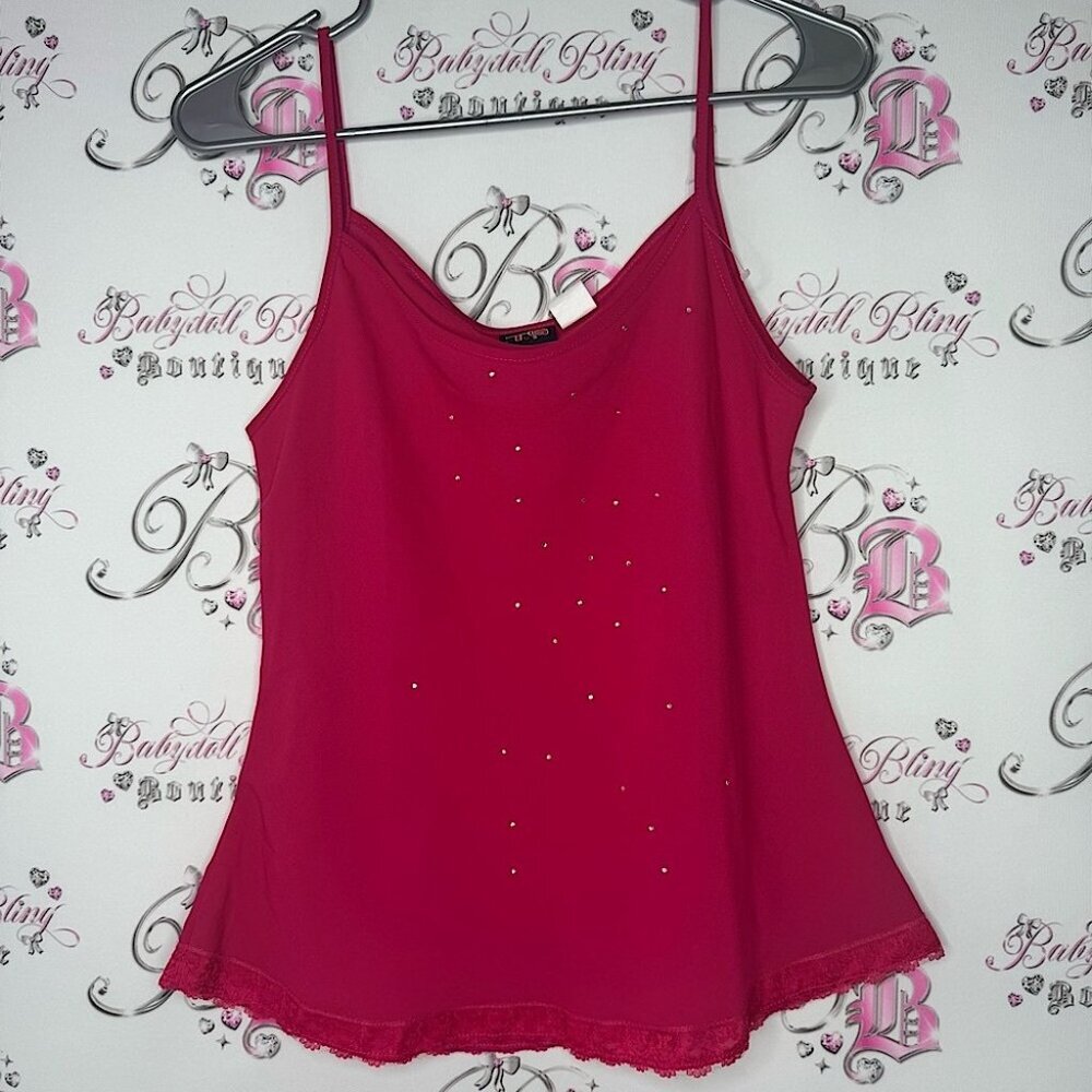 TG USA tank top rhinestone bling diamond crystals cami camisole pink silver lace
